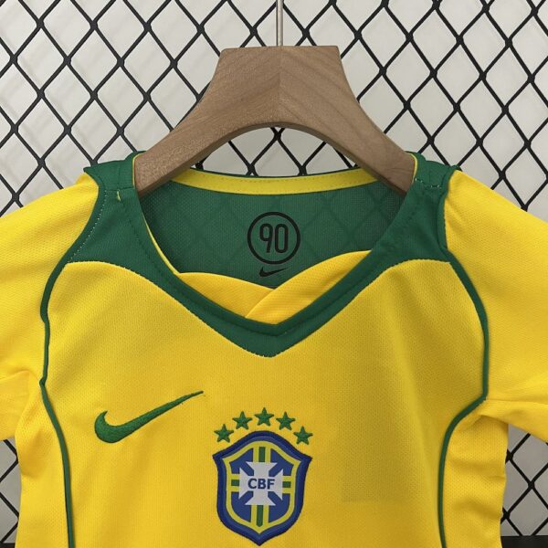 Brazil 2004 Home Kids Retro Jersey And Shorts - Image 5
