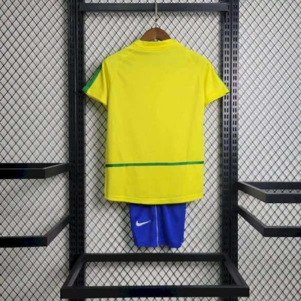 Brazil 2002 Home Kids Retro Jersey And Shorts - Image 5